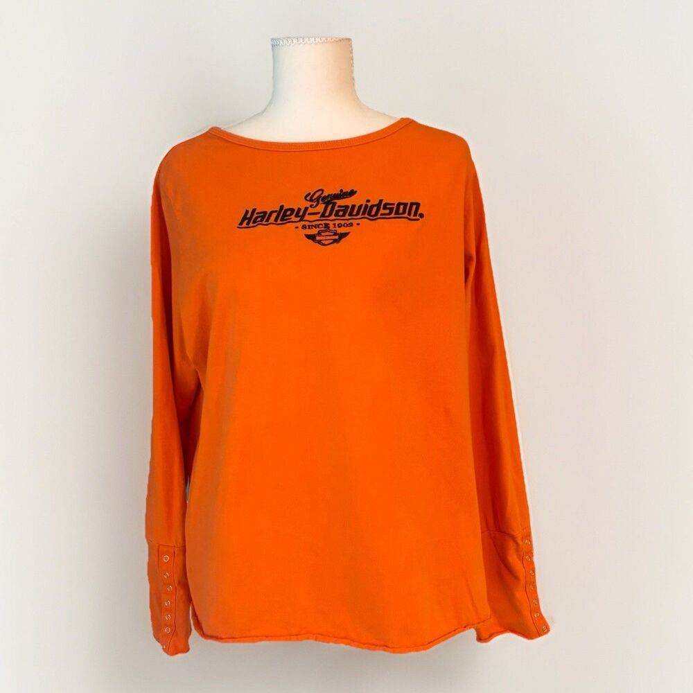 Y2K Harley-Davidson Women’s Orange Embroidered Long Sleeve Top St Paul MN XL